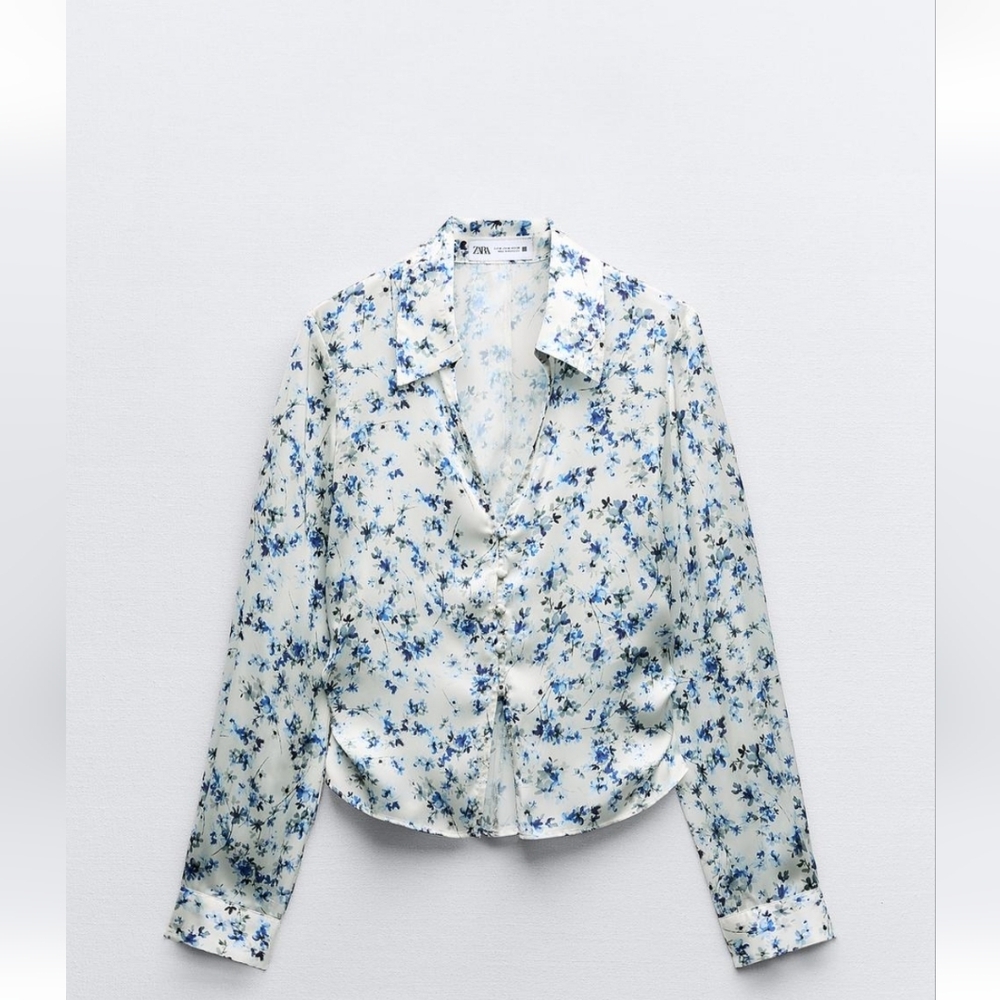 Zara Blue and White Floral Women's Printed Satin Top
